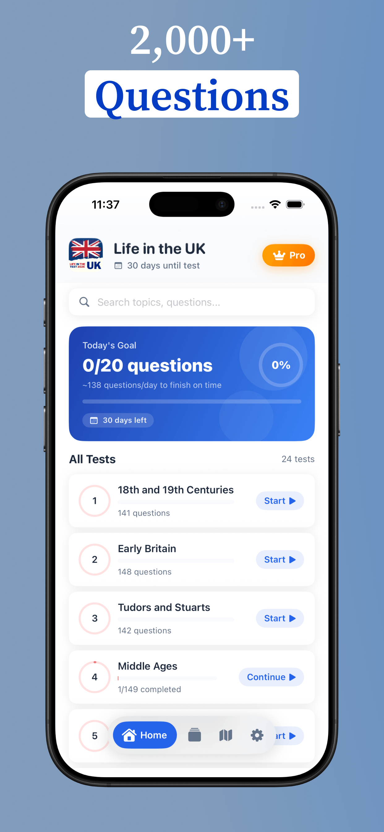 LifeUK App - Home Dashboard with 2000+ practice questions